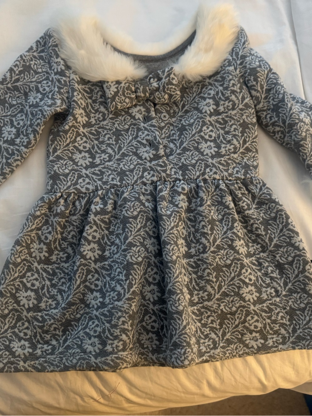 Janie and Jack Gray and White Floral Jacquard Peacoat with Faux Fur Trim